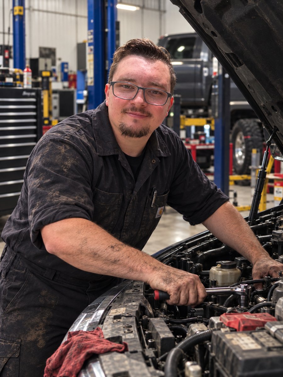 Mechanic working under the hood of a vehicle; temporarily AI-enhanced promotional photo